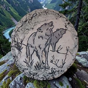 Shapes of Clay Wolf Howling Plaque Decor Round Hand Painted Mt St Helens Ash Vtg